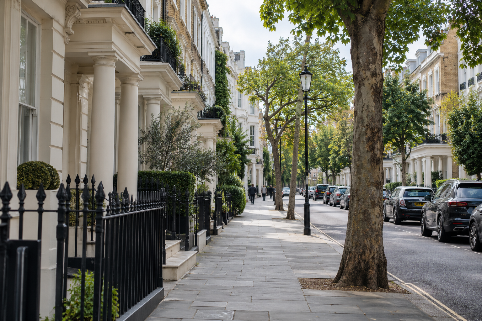 Illustrative London street with townhouses, trees and black railings
